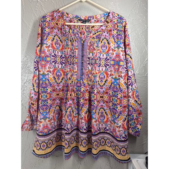 Zac & Rachel Womens Floral Boho Top Button Front 3/4 Sleeve Pleated Plus‎ Sz 2X - Picture 1 of 5